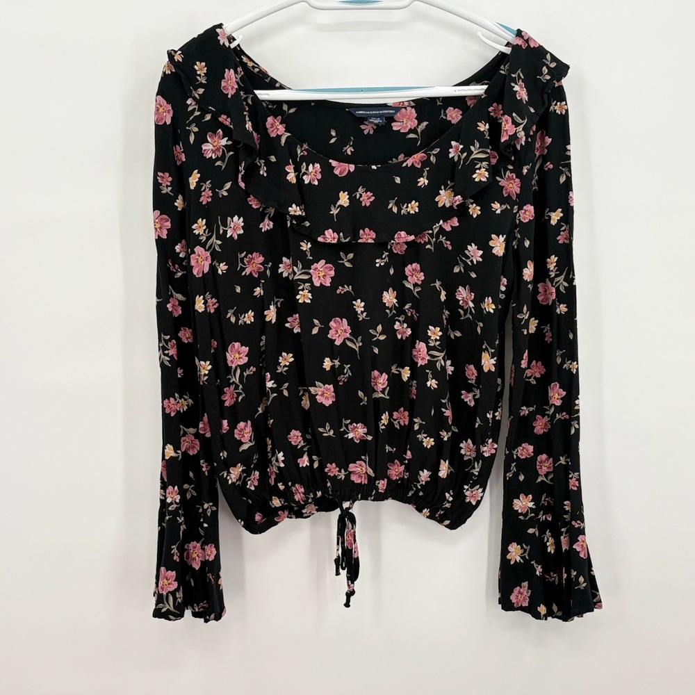 American Eagle Floral Ruffle Neck Long Bell Sleeve Top Black Pink Small Boho